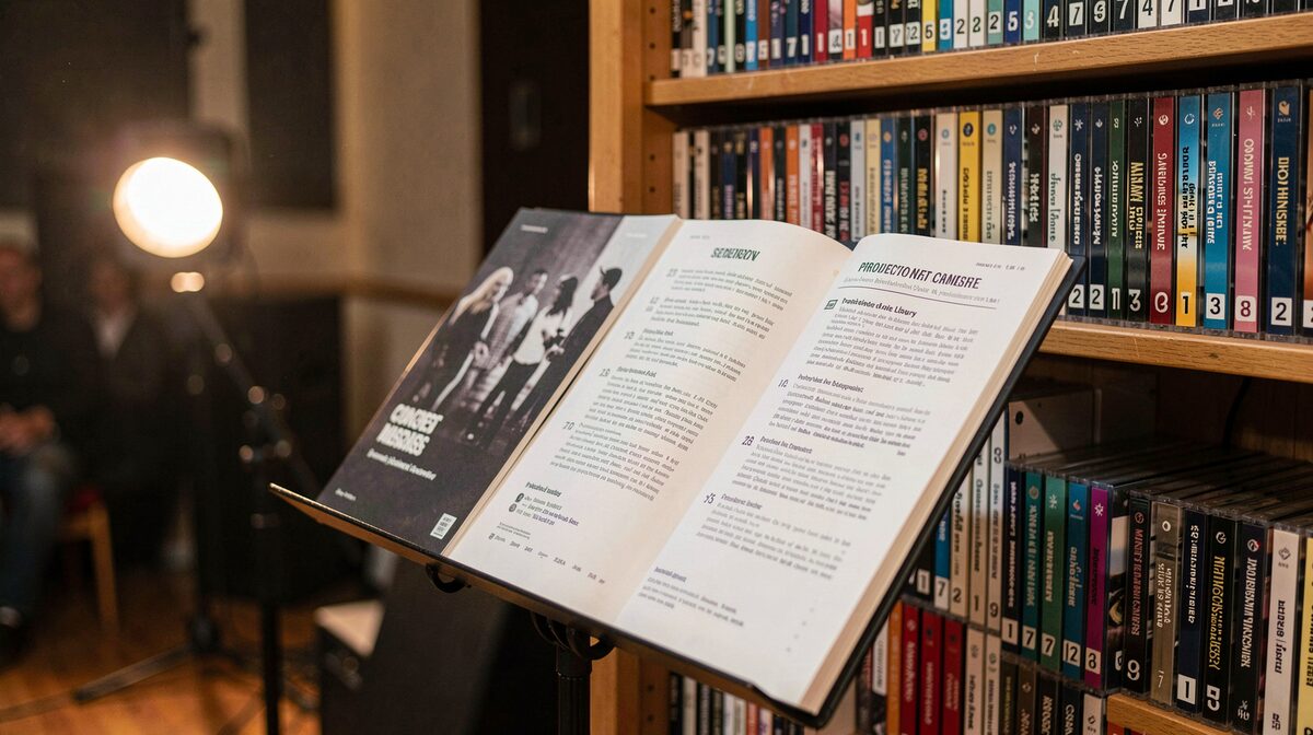 A printed concert season programme open on a music stand beside a shelf of numbered library CD volumes, warm stage light from the left, shallow depth of field.
