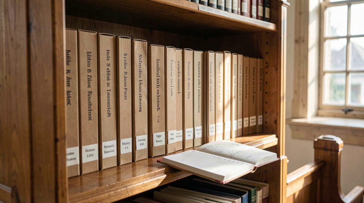 A wooden parish bookshelf in a church choir room, octavo anthems standing upright in labelled cardboard boxes, a shelf list notebook open on the shelf edge, afternoon light from a side window falling across the spines.