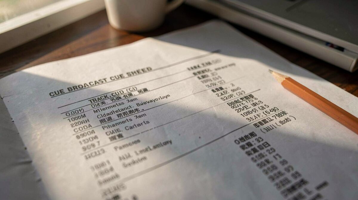 A broadcast cue sheet on a desk beside a printed track list, a pencil resting on the paper, late afternoon window light raking across the page, close crop on the title and composer columns.