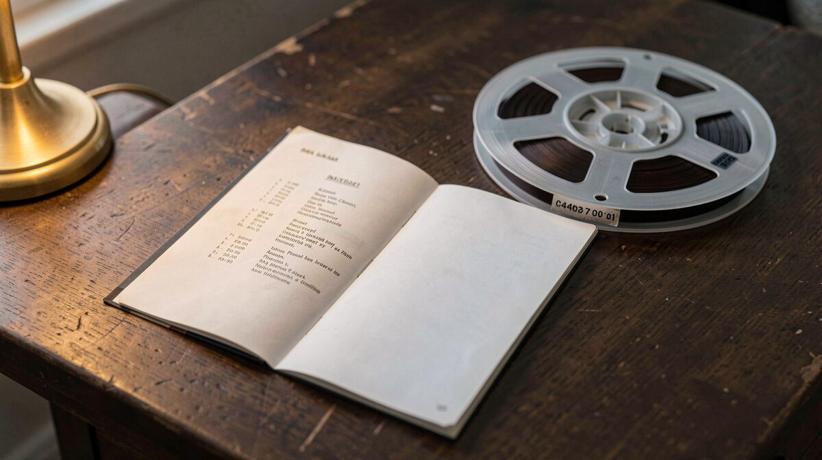 An open choir recording booklet resting on a dark wooden table beside a reel of tape, its inner spread showing a small-type personnel block, lit by a single warm lamp from the left, shot at a slight angle with the catalog number visible on the spine.